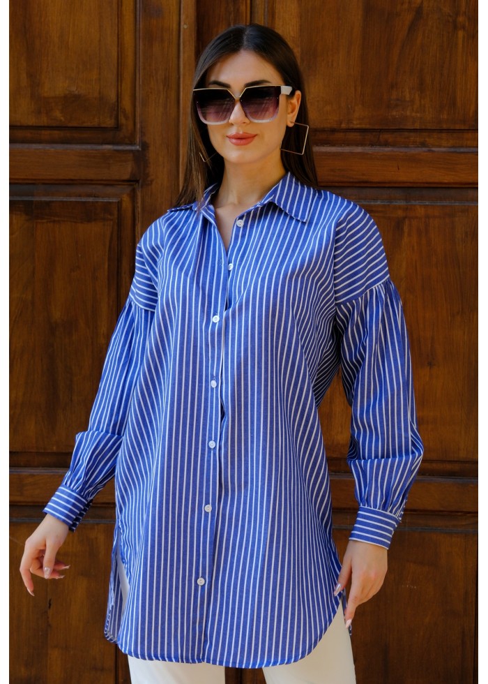 Oversize Çizgili Poplin Gömlek – Saks Mavisi