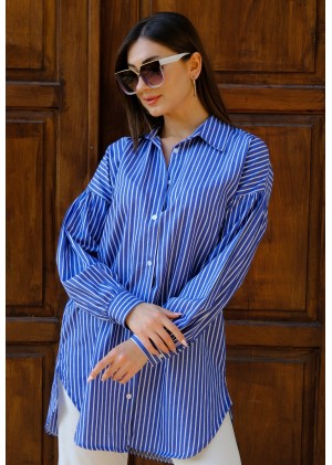 Oversize Çizgili Poplin Gömlek – Saks Mavisi