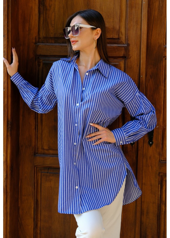 Oversize Çizgili Poplin Gömlek – Saks Mavisi
