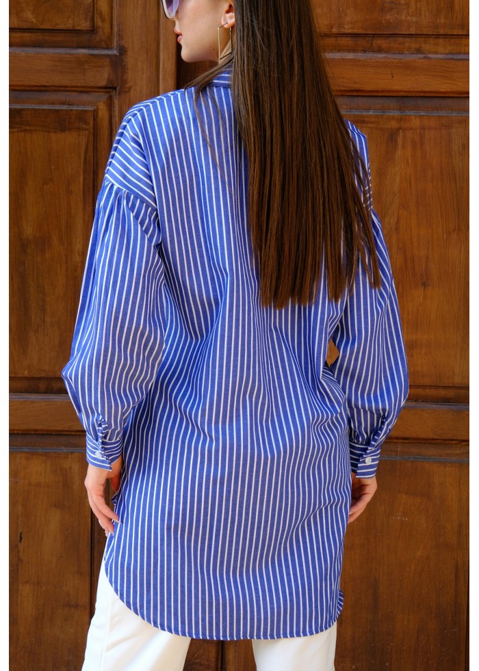 Oversize Çizgili Poplin Gömlek – Saks Mavisi