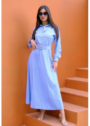 Auré Line – Kadın İnce Çizgili Kemerli Elbise – Bebe Mavi