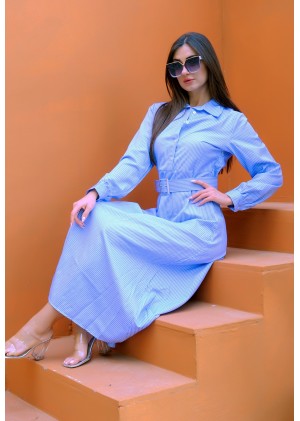 Auré Line – Kadın İnce Çizgili Kemerli Elbise – Bebe Mavi