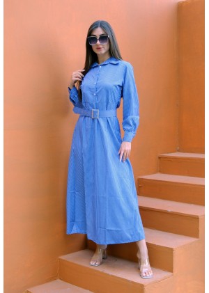 Auré Line – Kadın İnce Çizgili Kemerli Elbise – Saks Mavisi