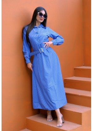 Auré Line – Kadın İnce Çizgili Kemerli Elbise – Saks Mavisi