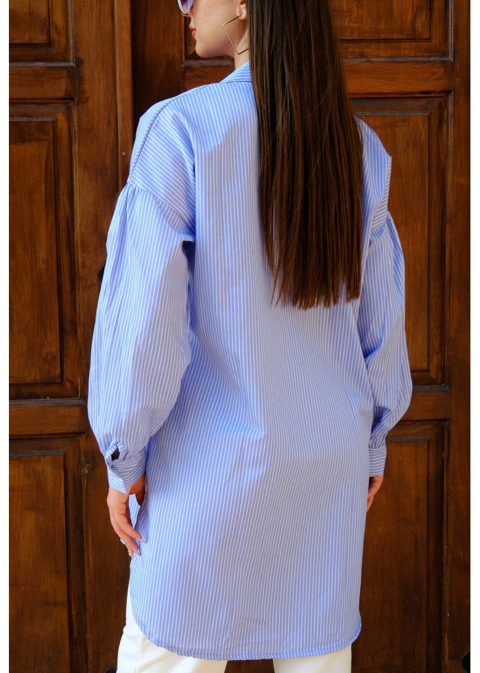 Kadın Oversize İnce Çizgili Poplin Gömlek – Bebe Mavi