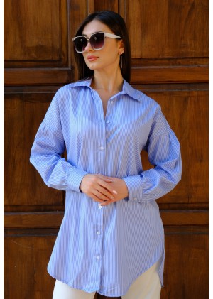Kadın Oversize İnce Çizgili Poplin Gömlek – Bebe Mavi