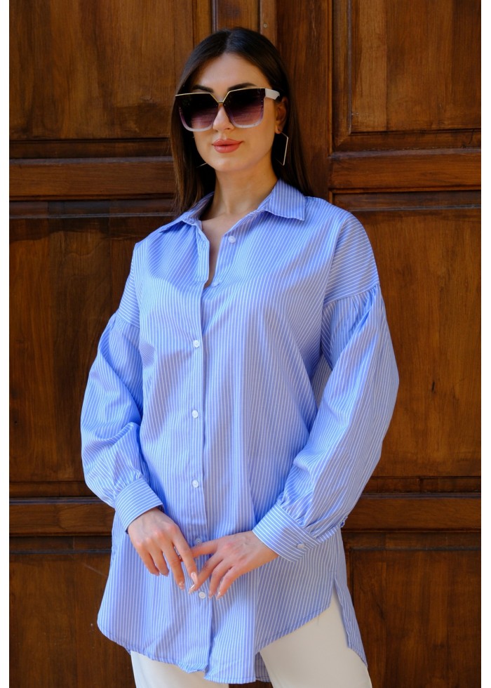Kadın Oversize İnce Çizgili Poplin Gömlek – Bebe Mavi