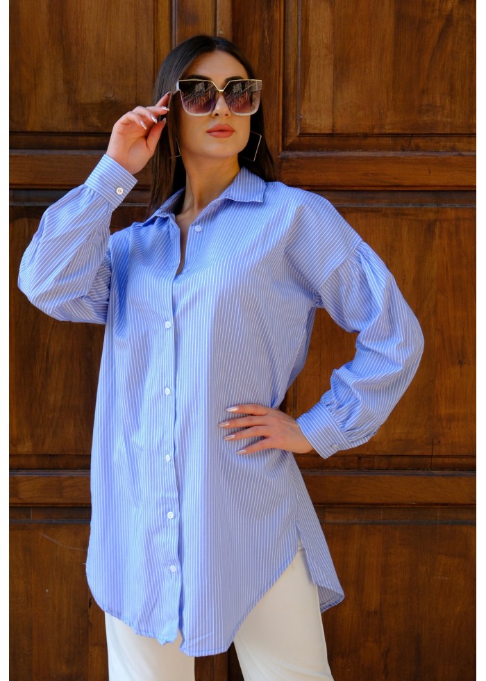 Kadın Oversize İnce Çizgili Poplin Gömlek – Bebe Mavi