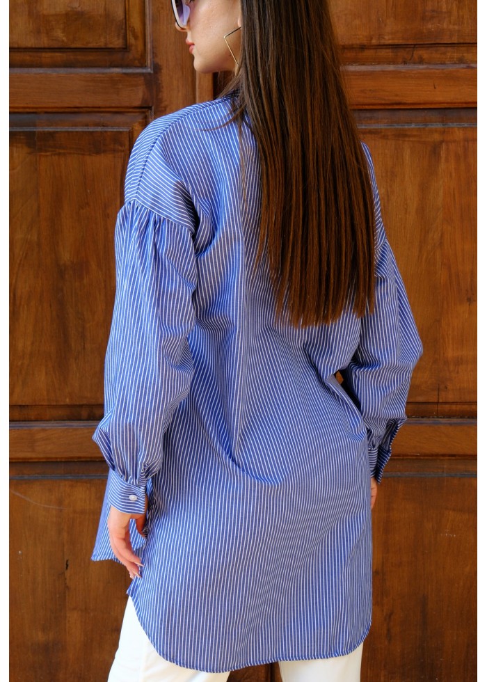 Kadın Oversize İnce Çizgili Poplin Gömlek – Saks Mavisi