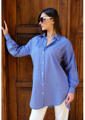 Kadın Oversize İnce Çizgili Poplin Gömlek – Saks Mavisi