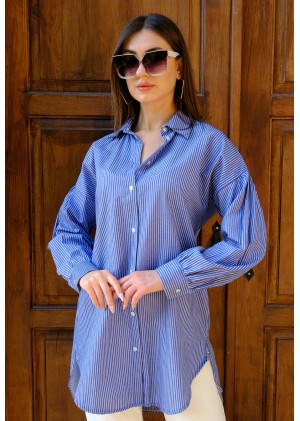 Kadın Oversize İnce Çizgili Poplin Gömlek – Saks Mavisi