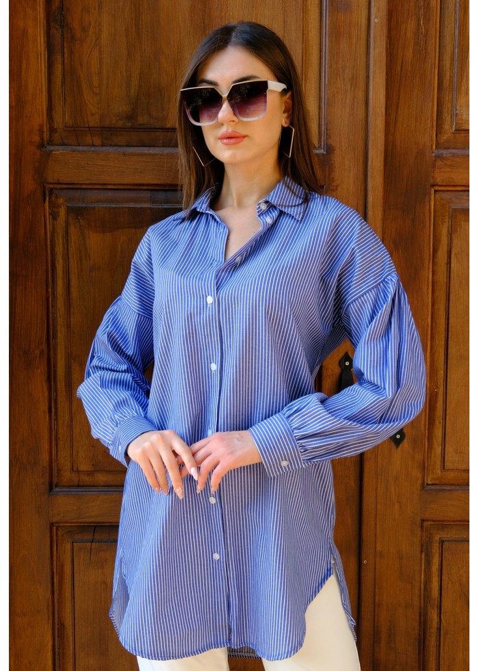 Kadın Oversize İnce Çizgili Poplin Gömlek – Saks Mavisi