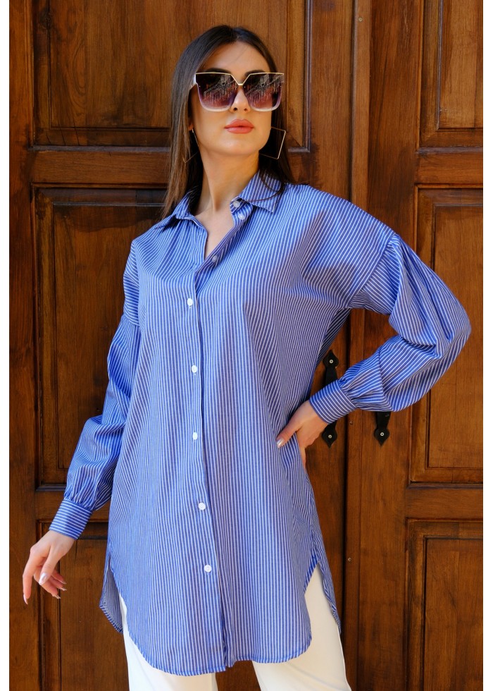 Kadın Oversize İnce Çizgili Poplin Gömlek – Saks Mavisi