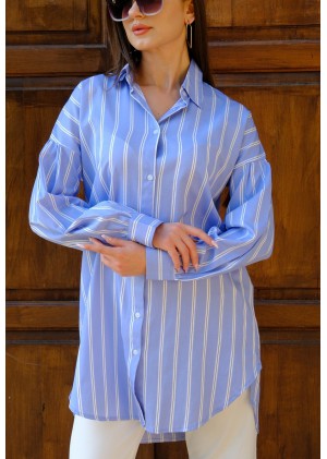 Kadın Oversize Kalın Çizgili Poplin Gömlek – Bebe Mavi