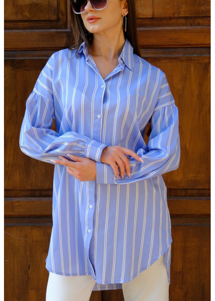 Kadın Oversize Kalın Çizgili Poplin Gömlek – Bebe Mavi