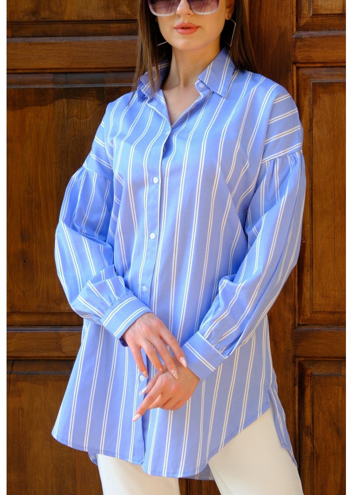 Kadın Oversize Kalın Çizgili Poplin Gömlek – Bebe Mavi