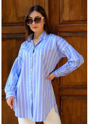 Kadın Oversize Kalın Çizgili Poplin Gömlek – Bebe Mavi