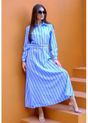 Auré Line – Kadın Kalın Dikey Çizgi Kemerli Elbise – Bebe Mavi