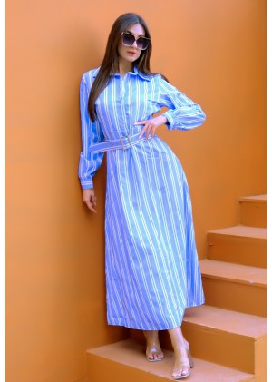 Auré Line – Kadın Kalın Dikey Çizgi Kemerli Elbise – Bebe Mavi