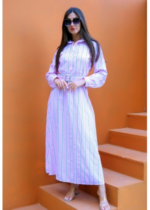 Auré Line – Kadın Kalın Dikey Çizgi Kemerli Elbise – Pudra