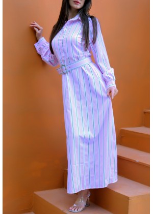 Auré Line – Kadın Kalın Dikey Çizgi Kemerli Elbise – Pudra