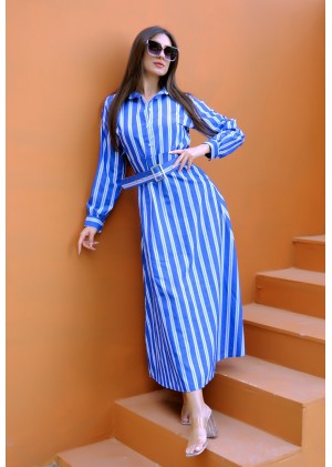 Auré Line – Kadın Kalın Dikey Çizgi Kemerli Elbise – Saks Mavisi