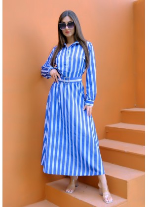 Auré Line – Kadın Kalın Dikey Çizgi Kemerli Elbise – Saks Mavisi