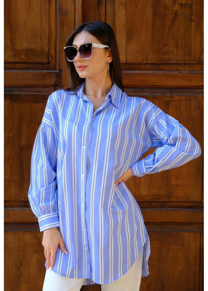 Kadın Oversize Kalın Çizgili Poplin Gömlek – Bebe Mavi