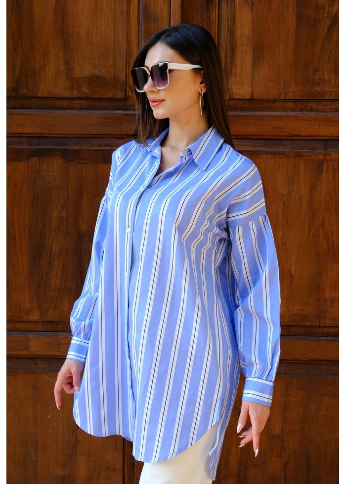 Kadın Oversize Kalın Çizgili Poplin Gömlek – Bebe Mavi