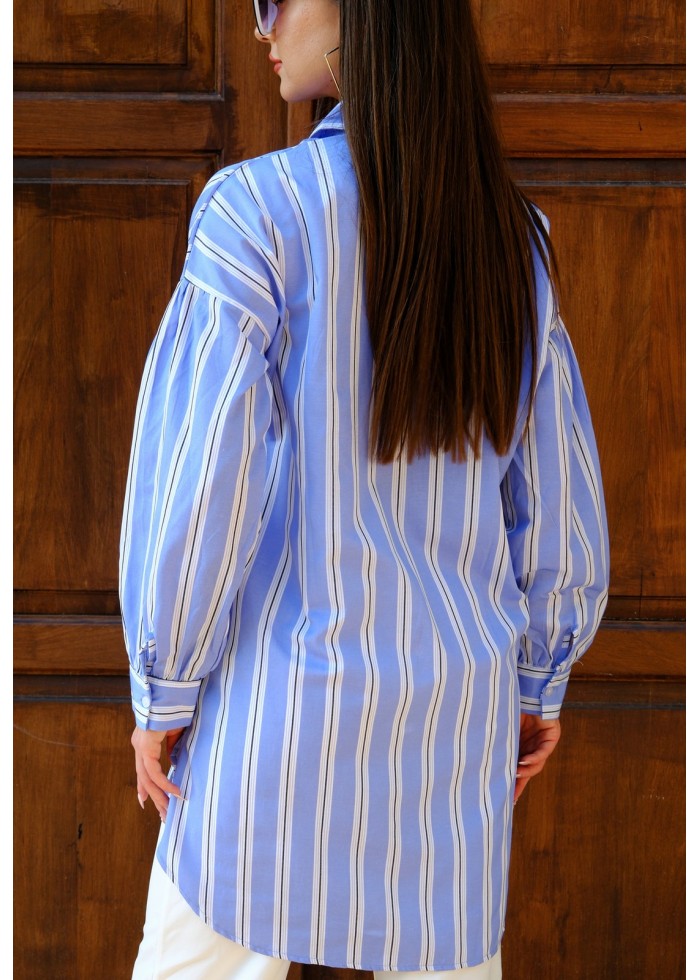 Kadın Oversize Kalın Çizgili Poplin Gömlek – Bebe Mavi