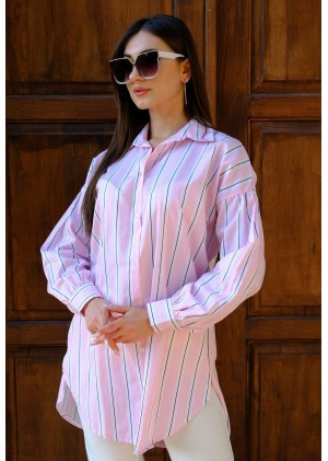 Kadın Oversize Kalın Çizgili Poplin Gömlek – Pudra