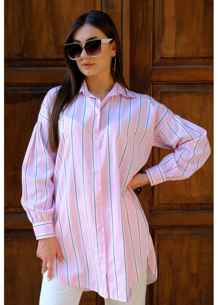 Kadın Oversize Kalın Çizgili Poplin Gömlek – Pudra