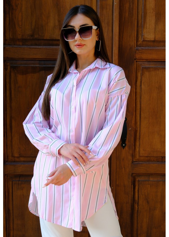 Kadın Oversize Kalın Çizgili Poplin Gömlek – Pudra