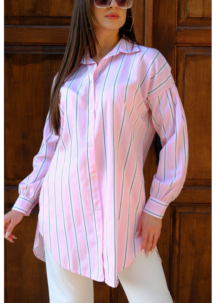 Kadın Oversize Kalın Çizgili Poplin Gömlek – Pudra