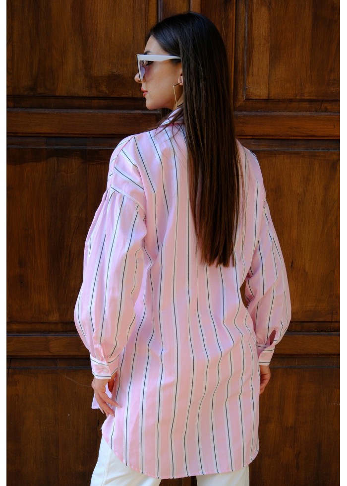 Kadın Oversize Kalın Çizgili Poplin Gömlek – Pudra