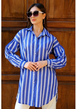 Kadın Oversize Kalın Çizgili Poplin Gömlek – Saks Mavisi