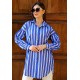 Kadın Oversize Kalın Çizgili Poplin Gömlek – Saks Mavisi