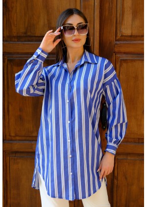 Kadın Oversize Kalın Çizgili Poplin Gömlek – Saks Mavisi