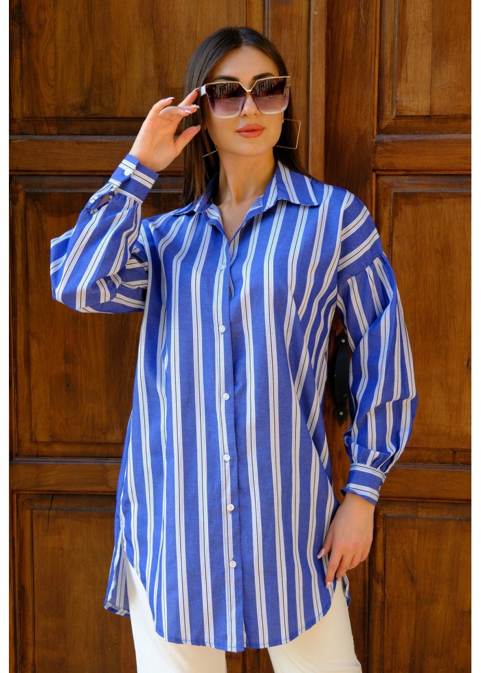 Kadın Oversize Kalın Çizgili Poplin Gömlek – Saks Mavisi