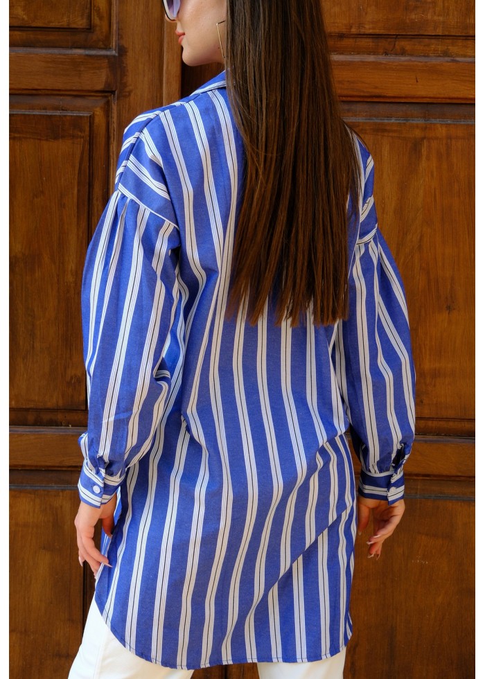 Kadın Oversize Kalın Çizgili Poplin Gömlek – Saks Mavisi