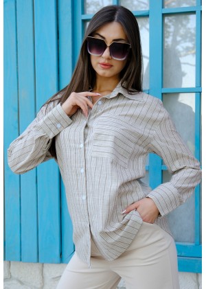 İnce Çizgili Pamuk Gömlek – Kahverengi