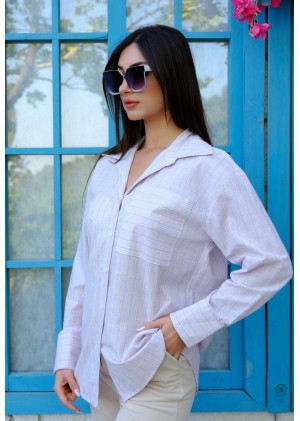 İnce Çizgili Pamuk Gömlek – Lila