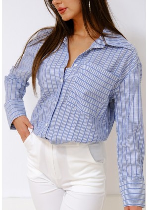 İnce Çizgili Pamuk Gömlek – Saks