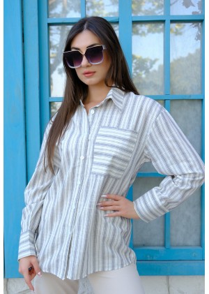 Oversize Kalın Çizgili Pamuk Gömlek – Gri