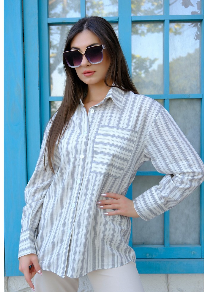Oversize Kalın Çizgili Pamuk Gömlek – Gri