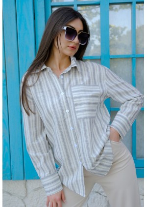 Oversize Kalın Çizgili Pamuk Gömlek – Gri