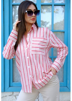 Oversize Kalın Çizgili Pamuk Gömlek – Kırmızı