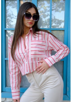 Oversize Kalın Çizgili Pamuk Gömlek – Kırmızı