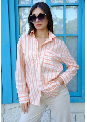 Oversize Kalın Çizgili Pamuk Gömlek – Turuncu