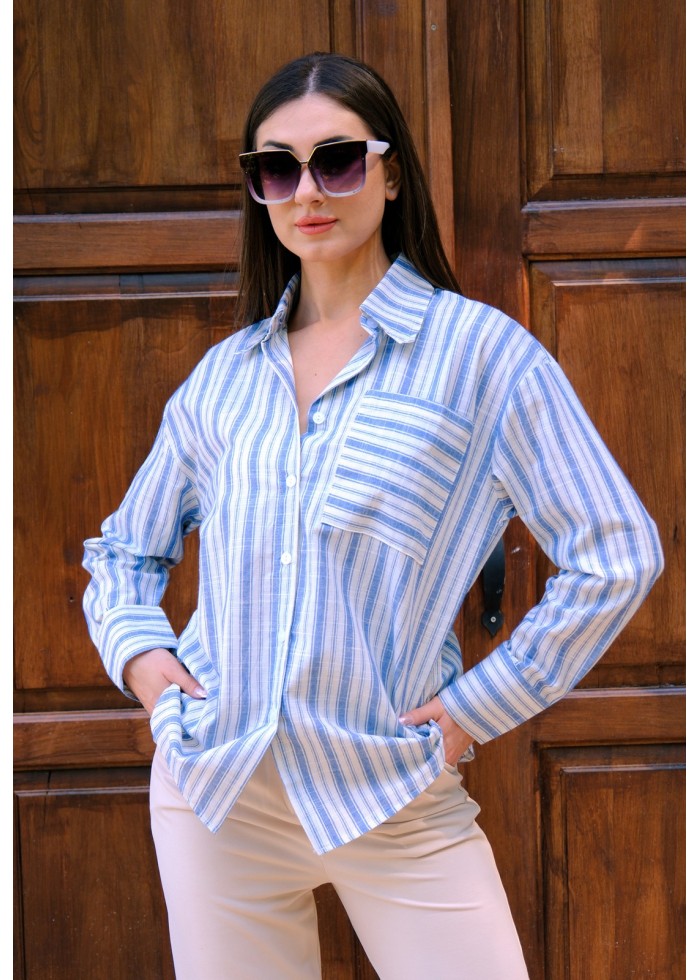 Oversize Kalın Çizgili Pamuk Gömlek – Saks